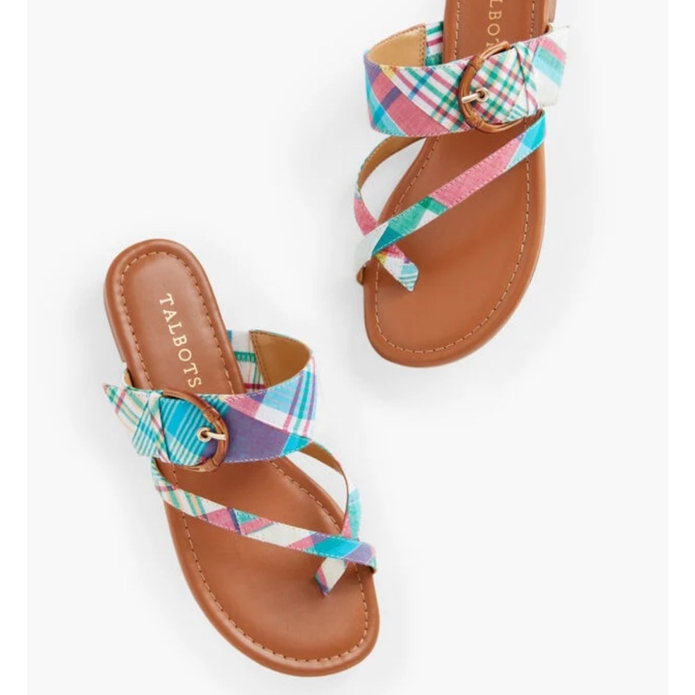 EUC Talbots Gia Sandals Womens 7 Buckle Multicolor Blues Patchwork Plaid